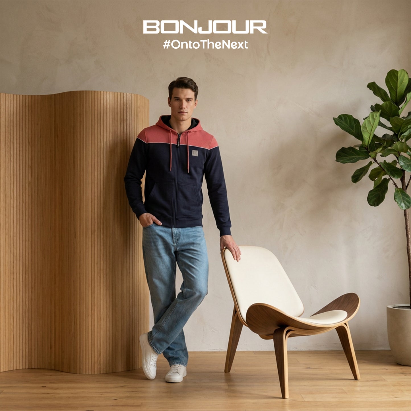 Relaxed Fit Printed Zip-Through Hoodie for Men (Navy)