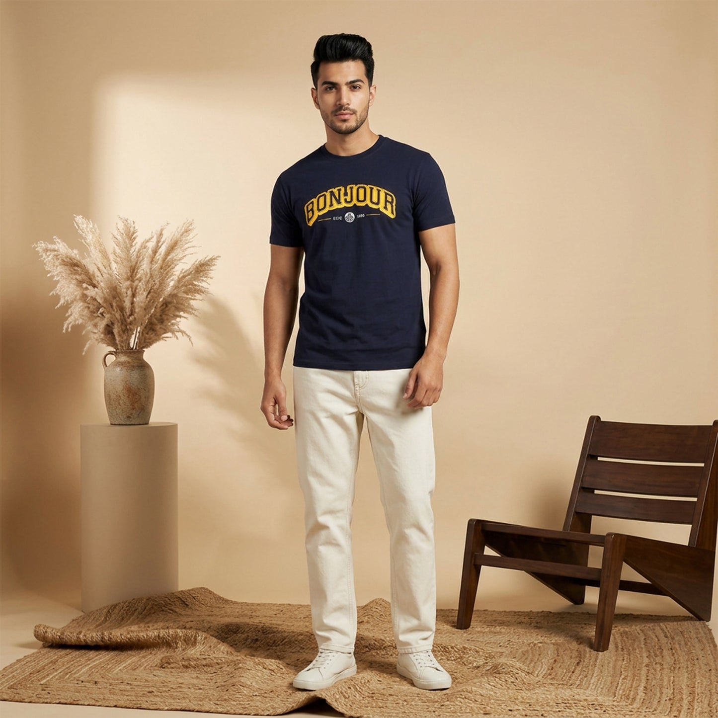 Men's Navy Printed Round Neck Short Sleeve T-Shirt