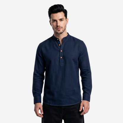 Men’s Linen Short Kurta | Solid Navy Mandarin Collar