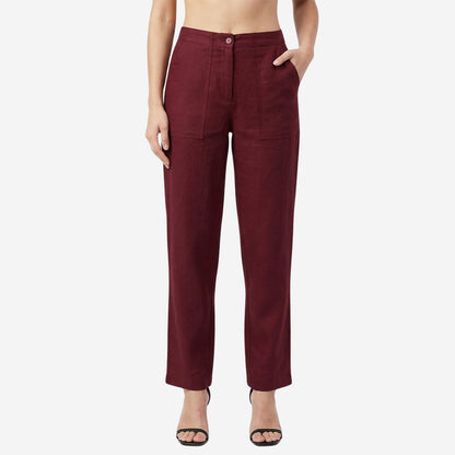 Women Linen Comfort Pants-(Dewberry Wine)