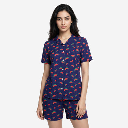 Women Watermelon Print Rayon Loungewear Set - (Blue)