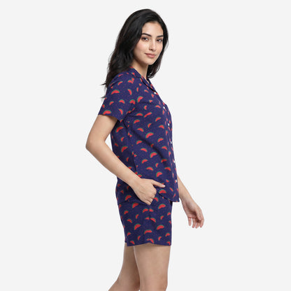 Women Watermelon Print Rayon Loungewear Set - (Blue)