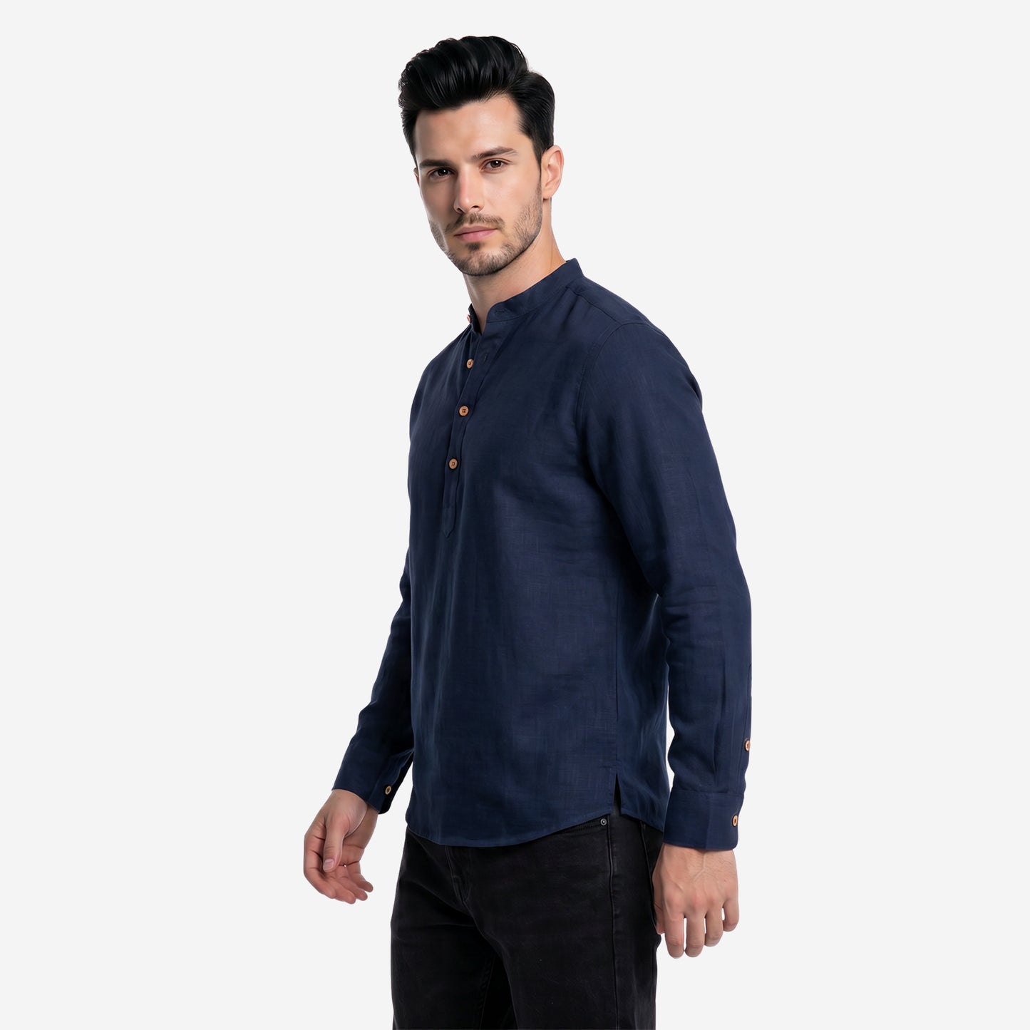 Men’s Linen Short Kurta | Solid Navy Mandarin Collar