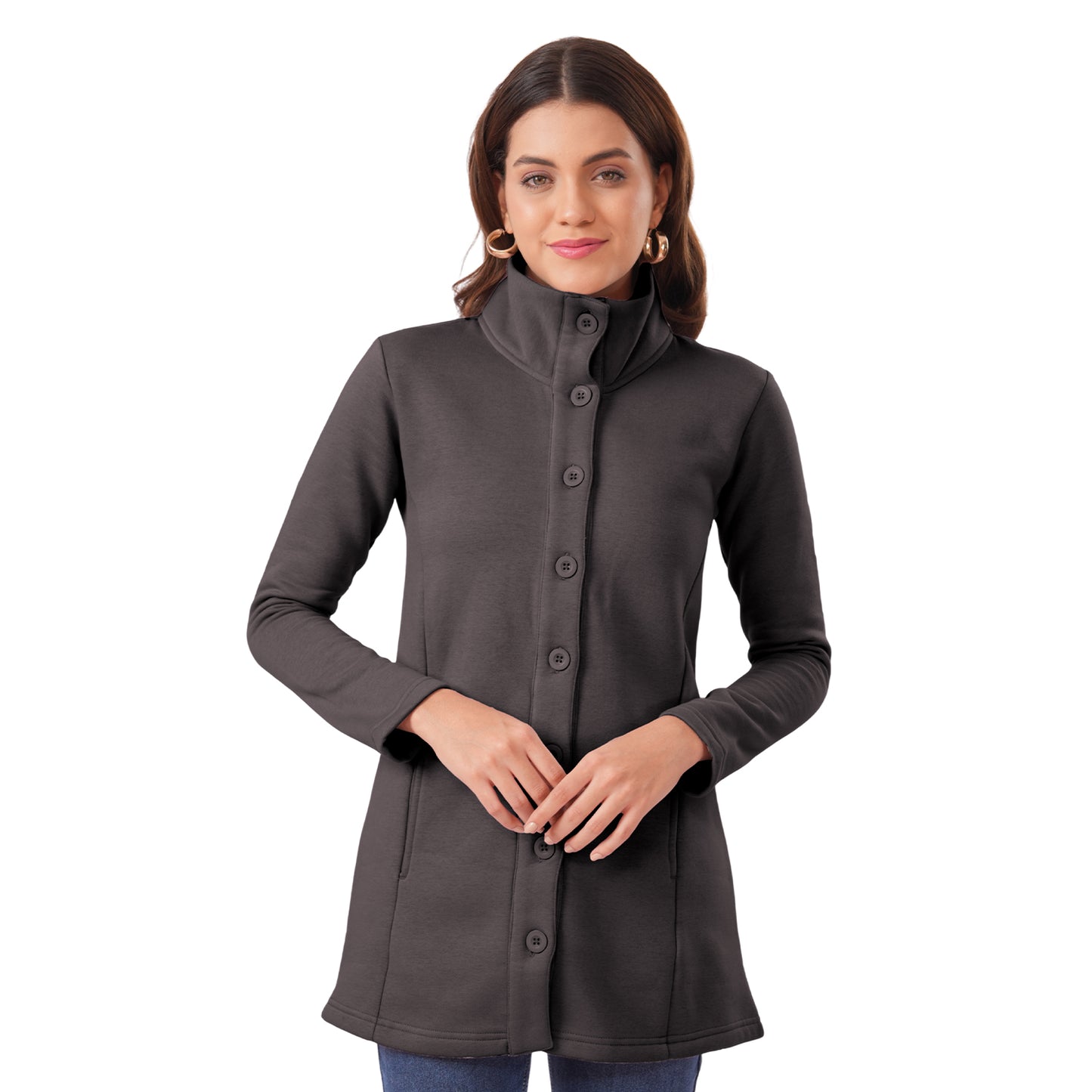 Women Winter High Neck Long Coat (Anthra Grey)