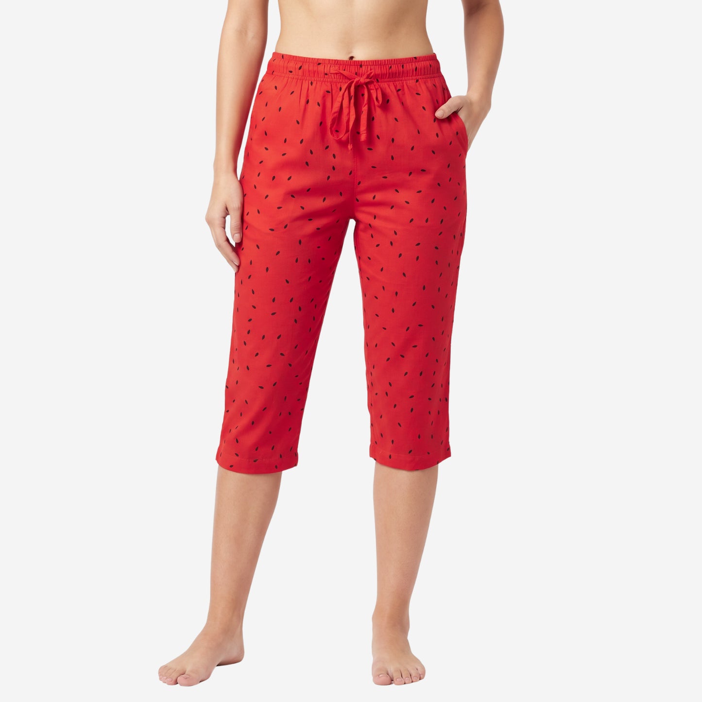 Women's Printed Shirt & Capri Night Suit Set (Red)