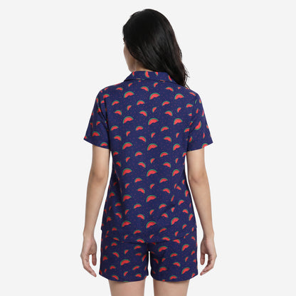 Women Watermelon Print Rayon Loungewear Set - (Blue)