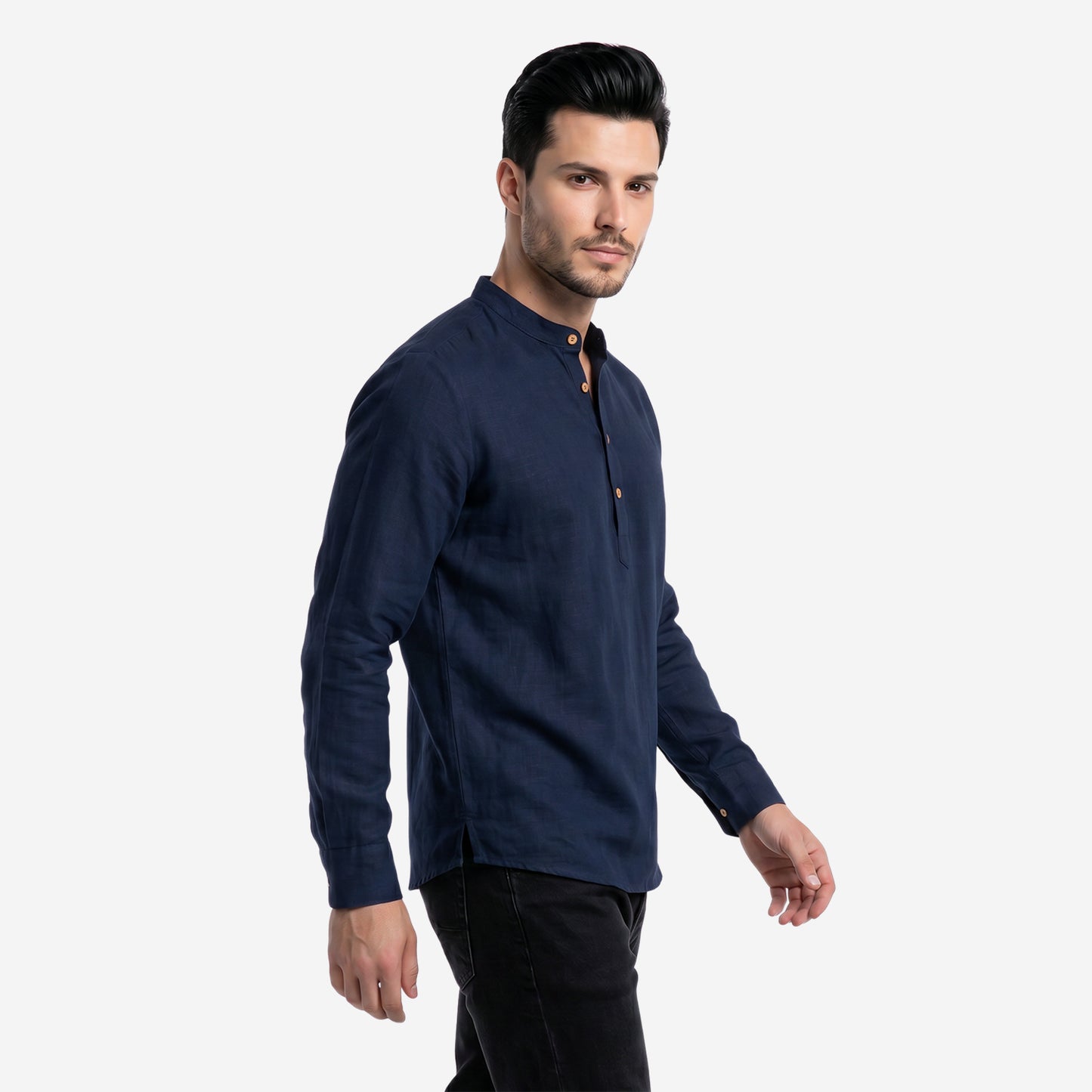 Men’s Linen Short Kurta | Solid Navy Mandarin Collar