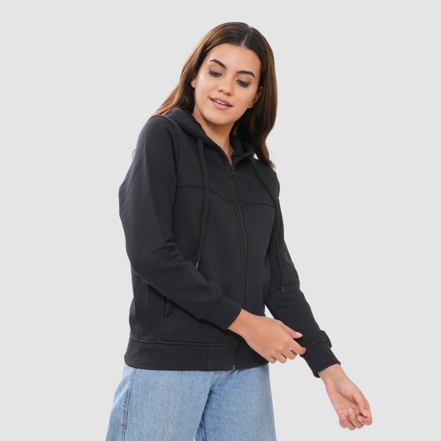 Women's Solid Zipper Hooded Sweatshirt