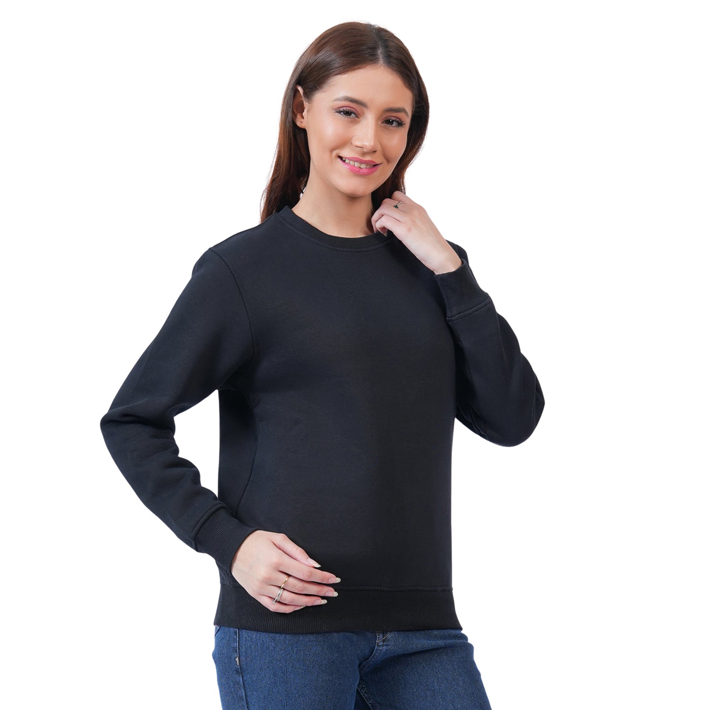 Women’s Solid Crew Neck Winter Sweatshirt (Black)