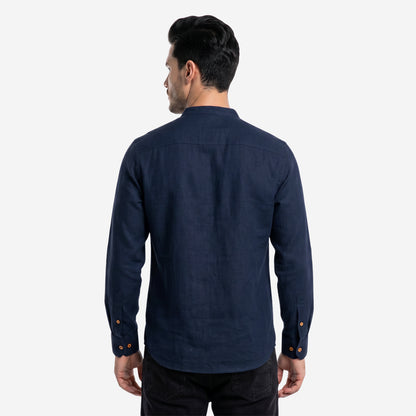 Men’s Linen Short Kurta | Solid Navy Mandarin Collar
