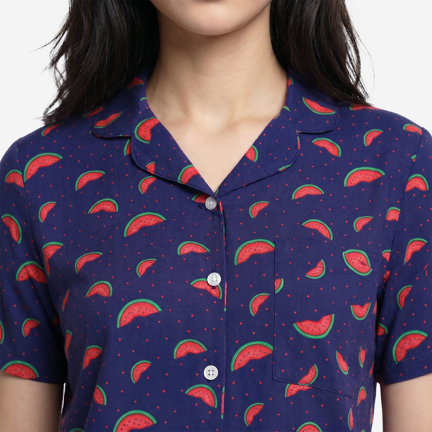 Women Watermelon Print Rayon Loungewear Set - (Blue)