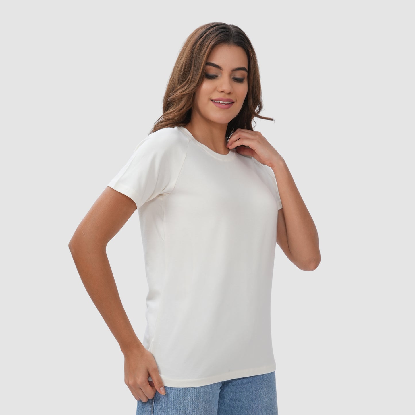 Women Knitted Fabric Regular Fit Short Sleeve Tee/T-shirt - Off white
