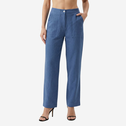 Women Linen Comfort Pants-(Denim Blue)