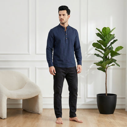 Men’s Linen Short Kurta | Solid Navy Mandarin Collar