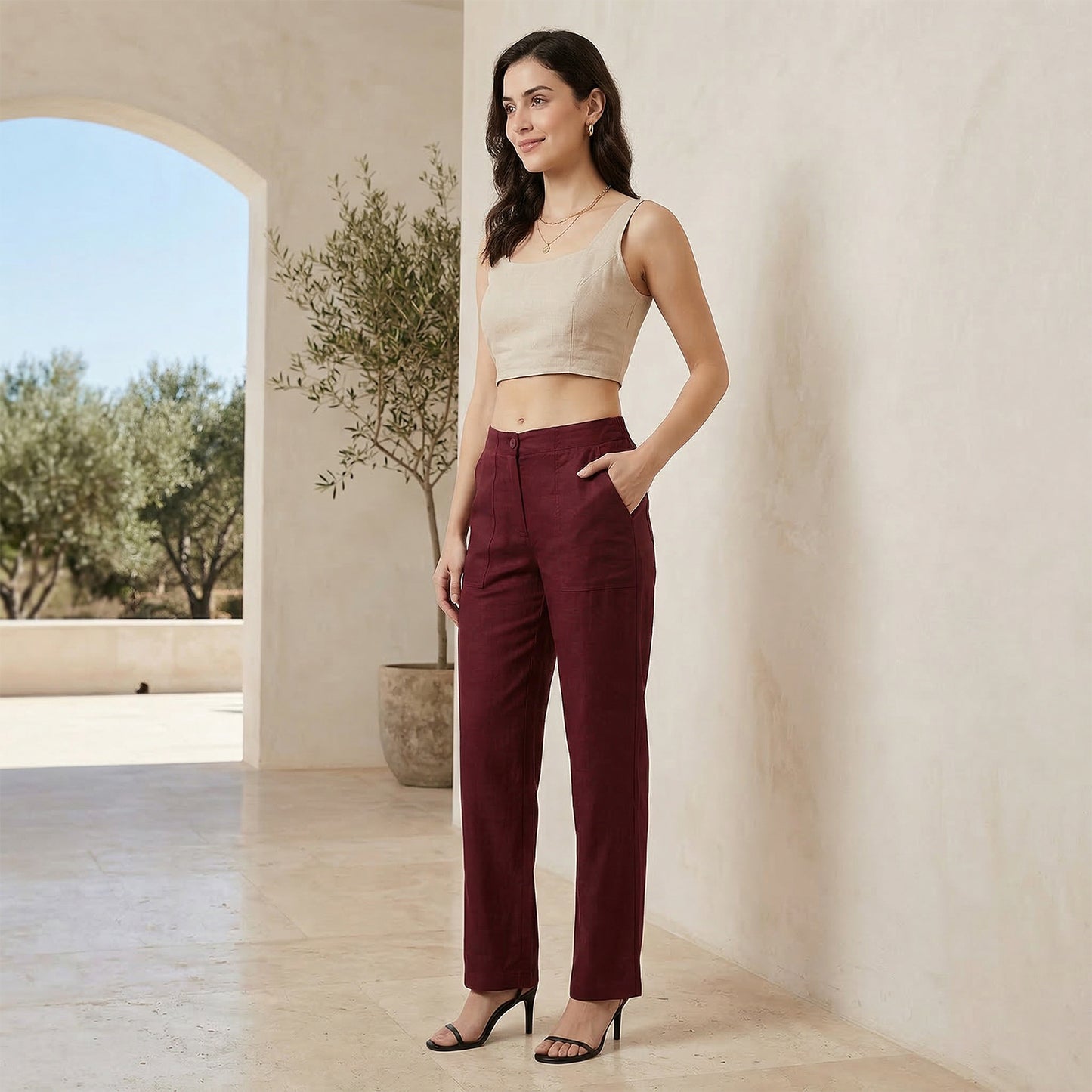 Women Linen Comfort Pants-(Dewberry Wine)