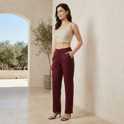 Women Linen Comfort Pants-(Dewberry Wine)