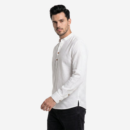 Men’s Linen Short Kurta | Solid White Mandarin Collar