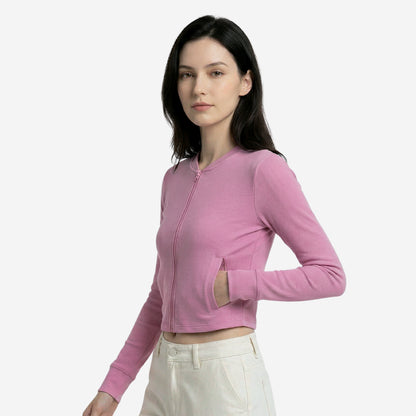 Women’s Pink Ribbed Zip-Up Cropped Jacket (Pack of 1)