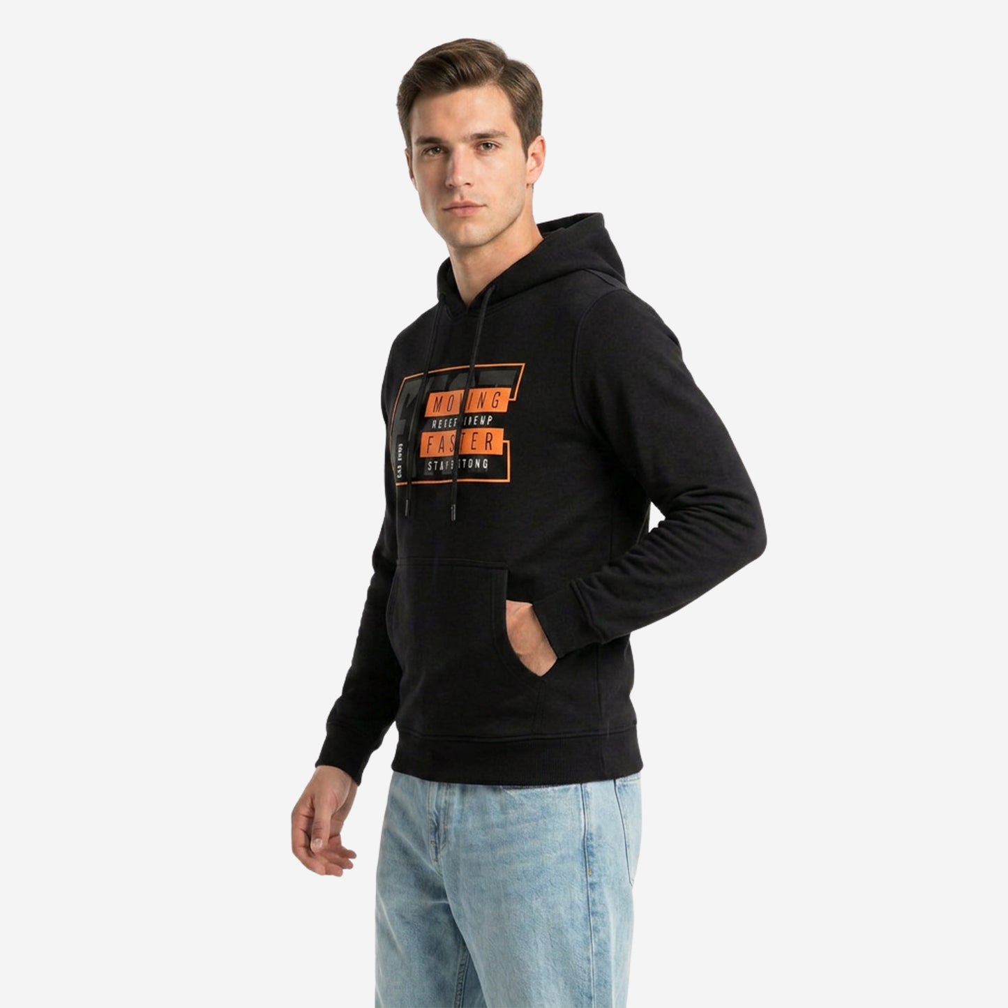 Relaxed Fit Printed Pullover Hoodie for Men (Black)