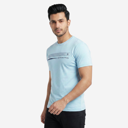 Men's Sky Blue Printed Round Neck Short Sleeve T-Shirt