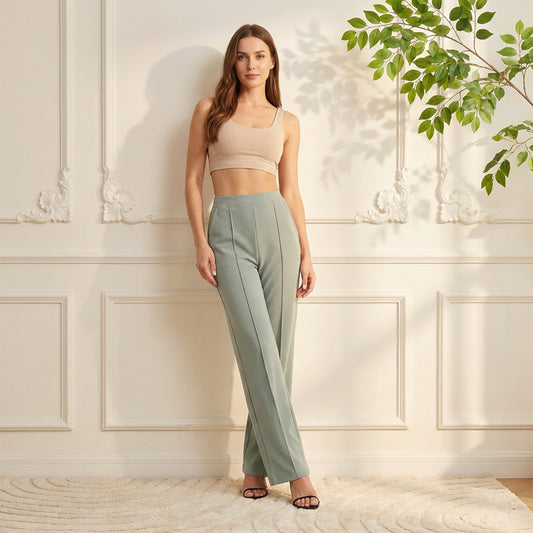 Women High Waist Straight Fit Korean Pants - (Lt.Grey)
