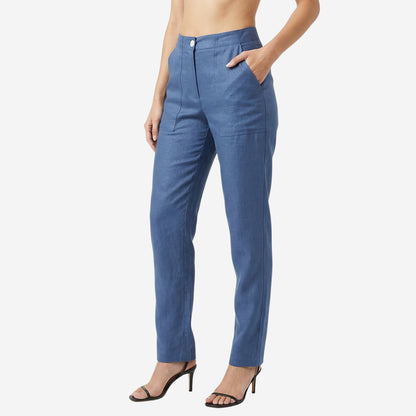 Women Linen Comfort Pants-(Denim Blue)