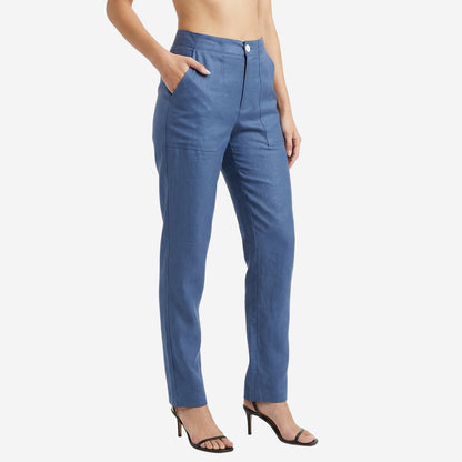 Women Linen Comfort Pants-(Denim Blue)