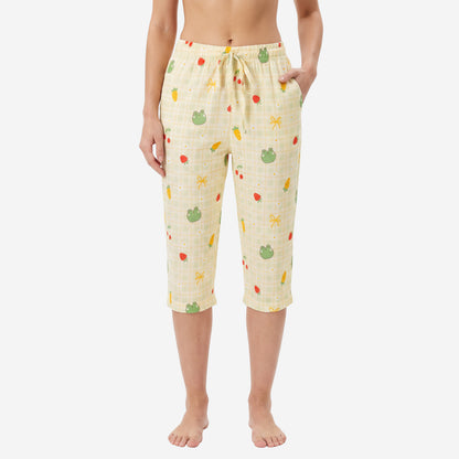 Women's Printed Shirt & Capri Night Suit Set (Oyster)
