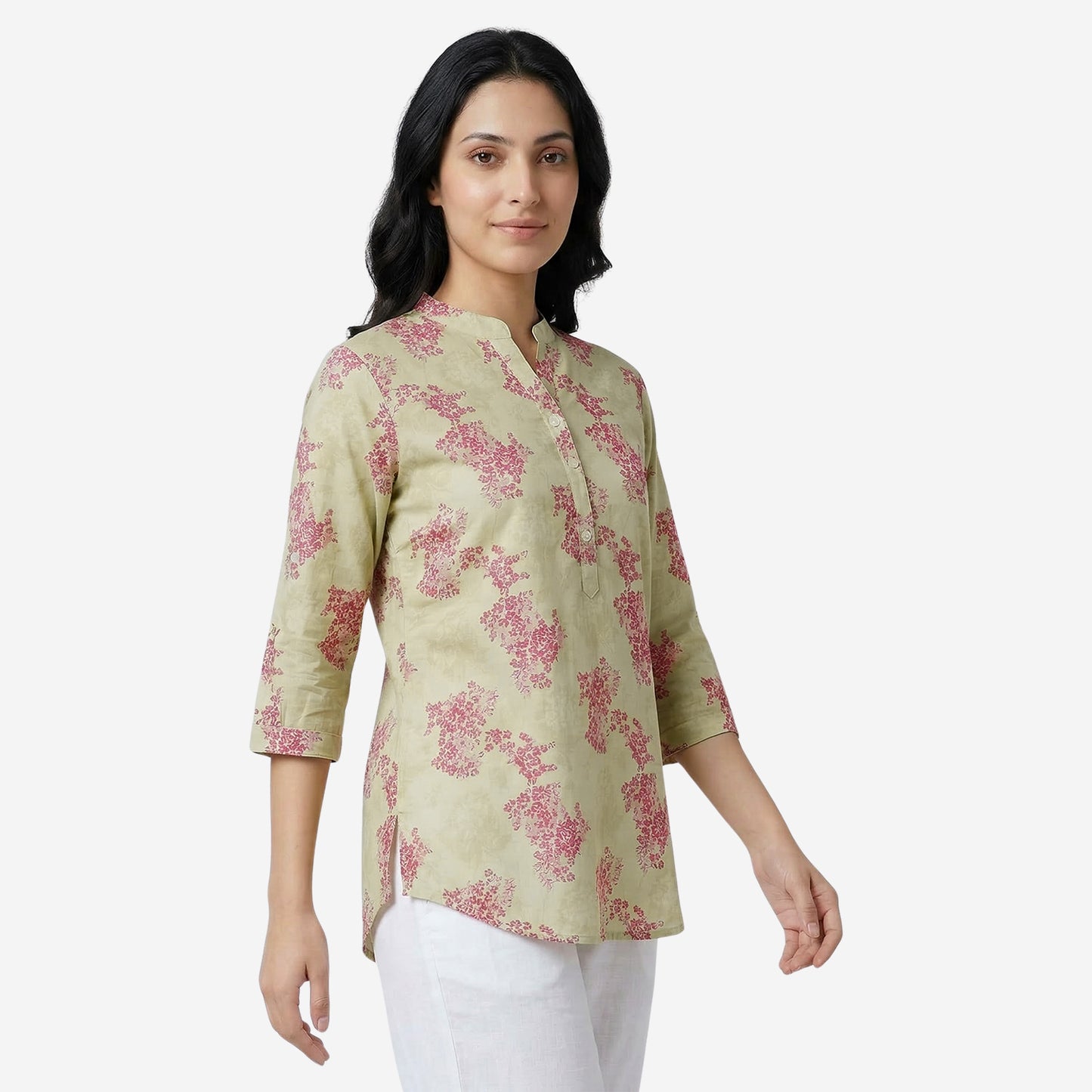 Beige Women Floral Printed Short Kurti – Stylish & Comfortable (Pack of 1)