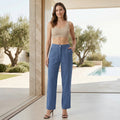 Women Linen Comfort Pants-(Denim Blue)