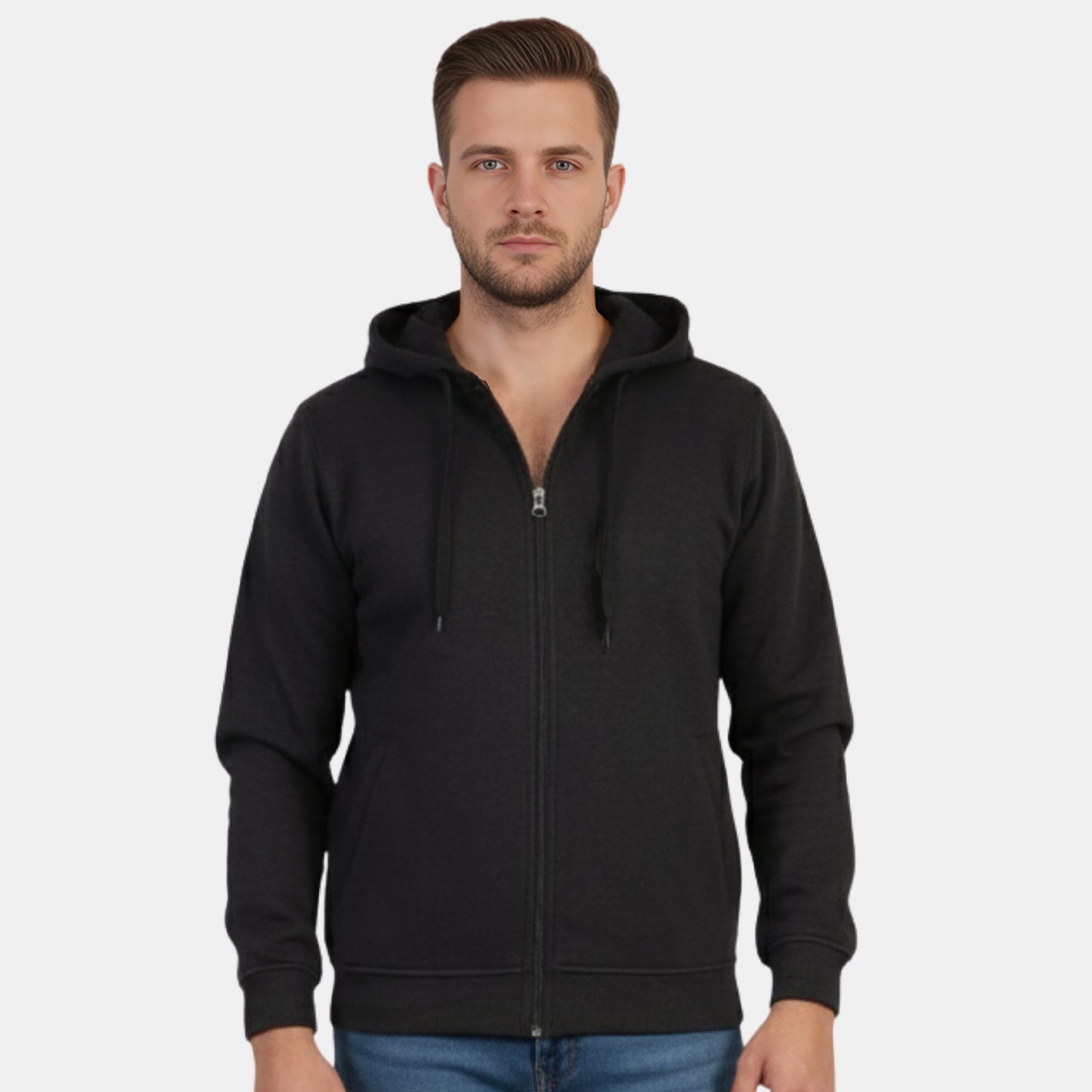 Men’s Solid Zipper Hooded Jacket (Black)