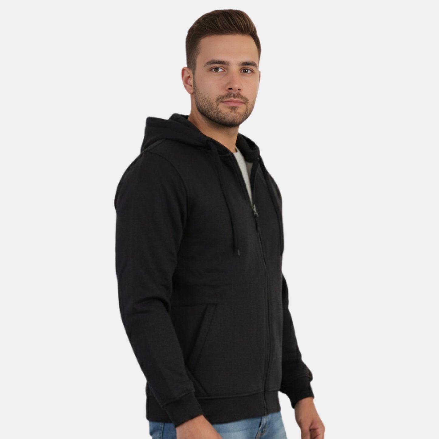 Men’s Solid Zipper Hooded Jacket (Black)
