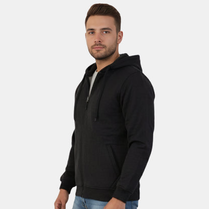 Men’s Solid Zipper Hooded Jacket (Black)