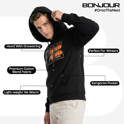 Relaxed Fit Printed Pullover Hoodie for Men (Black)