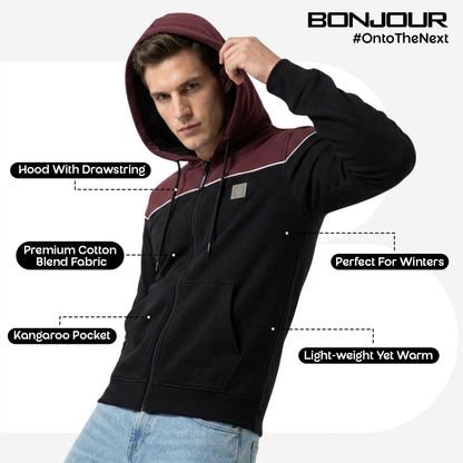 Relaxed Fit Printed Zip-Through Hoodie for Men (Black)