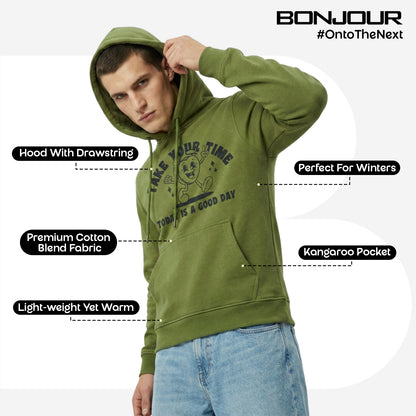 Relaxed Fit Printed Pullover Hoodie for Men (Olive)