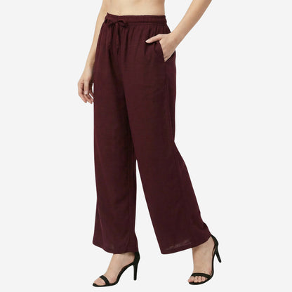 Women Solid Woven Viscose Palazzo -Wine