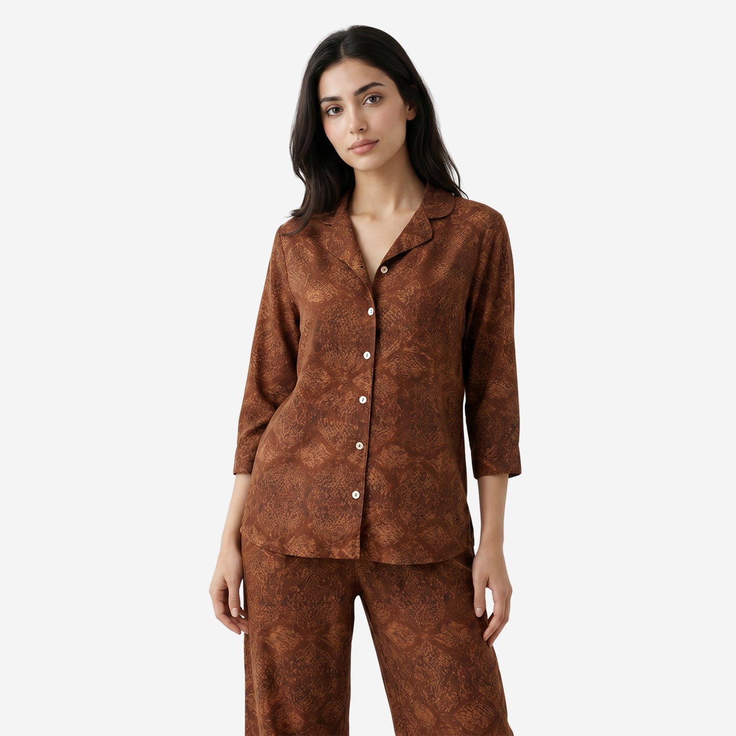 Women Printed Rayon Loungewear Set - (Brown)