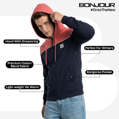 Relaxed Fit Printed Zip-Through Hoodie for Men (Navy)