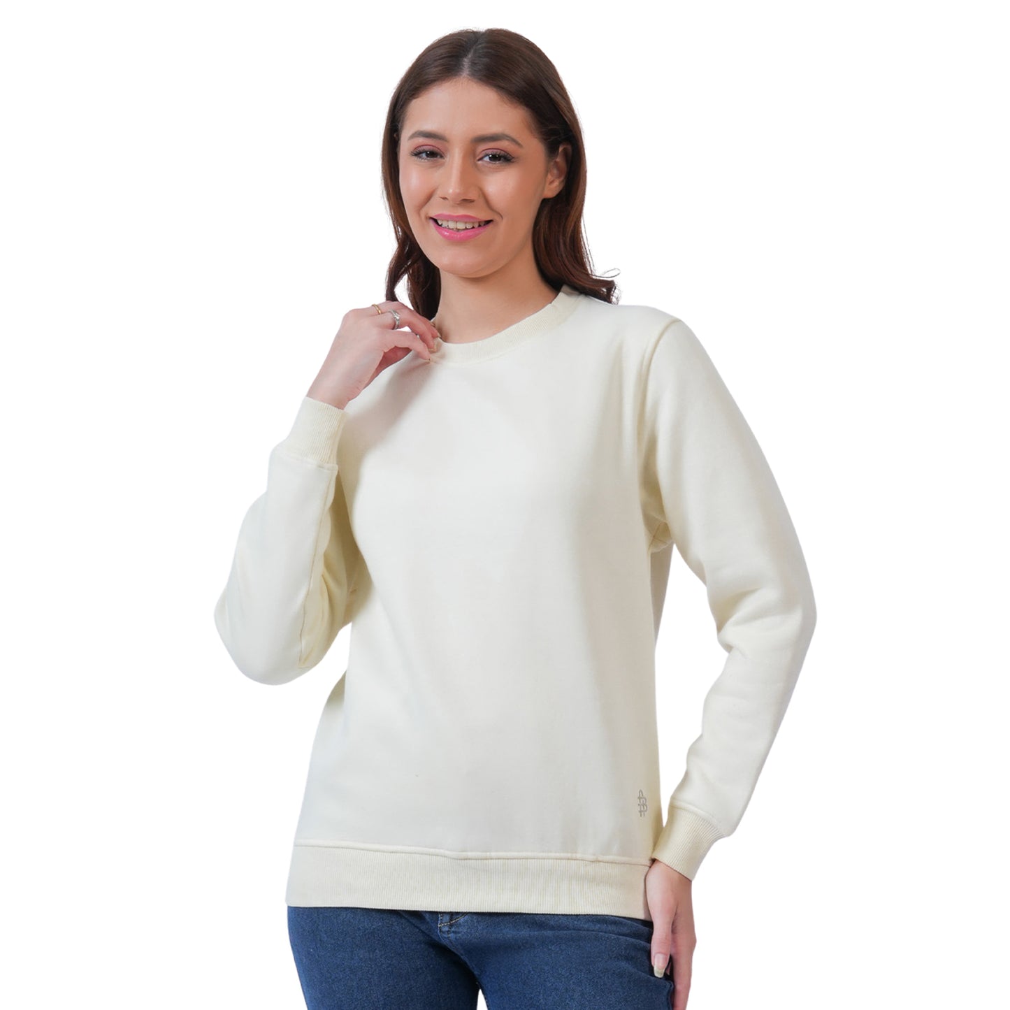 Women’s Solid Crew Neck Winter Sweatshirt (Cream)