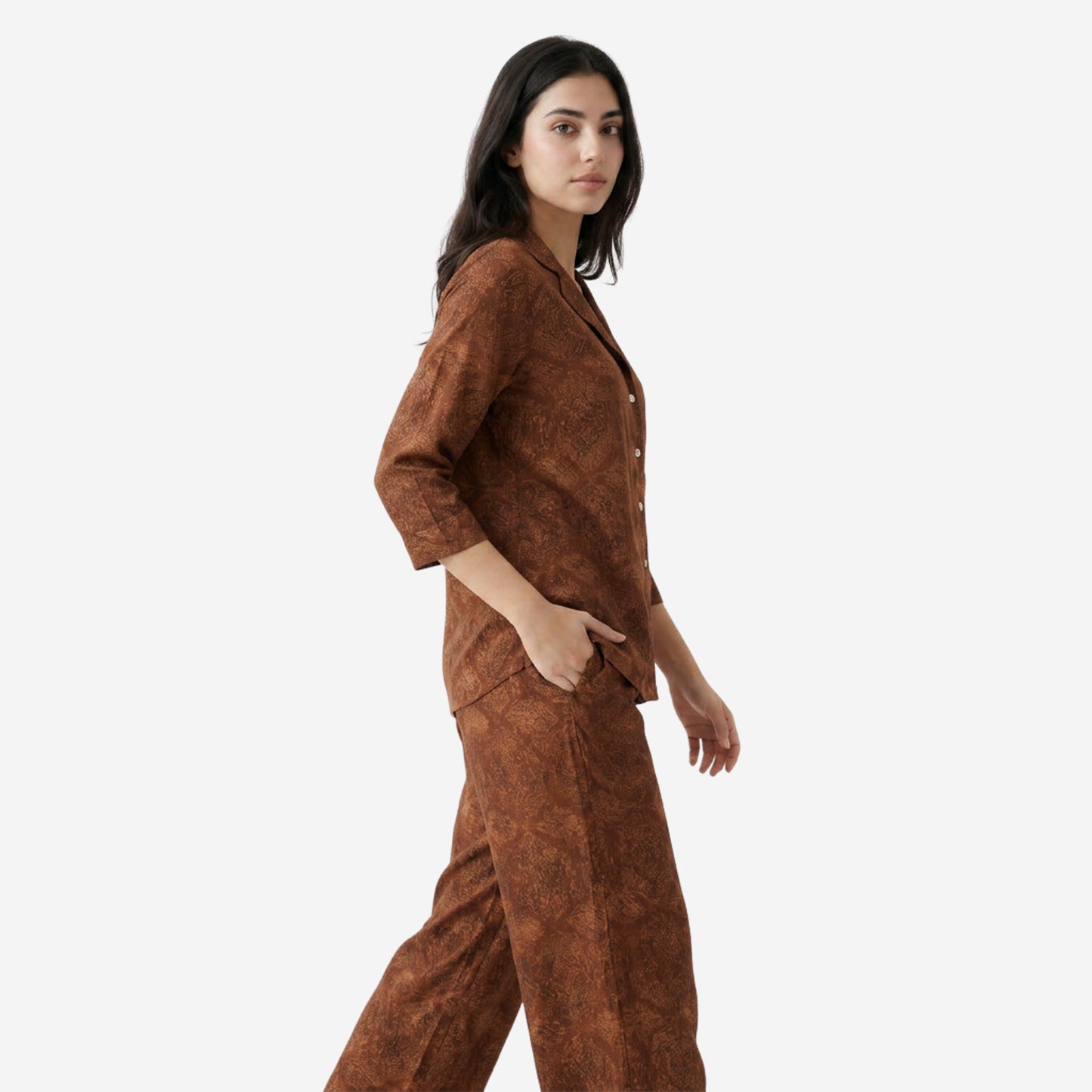 Women Printed Rayon Loungewear Set - (Brown)