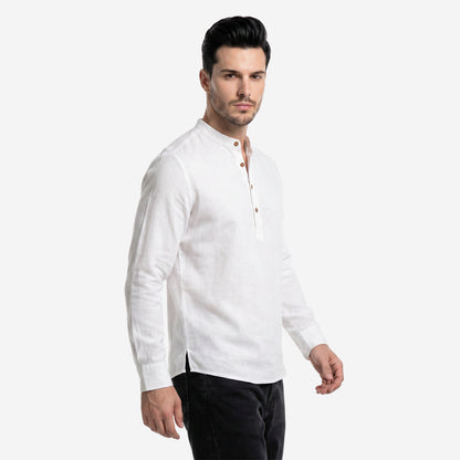 Men’s Linen Short Kurta | Solid White Mandarin Collar