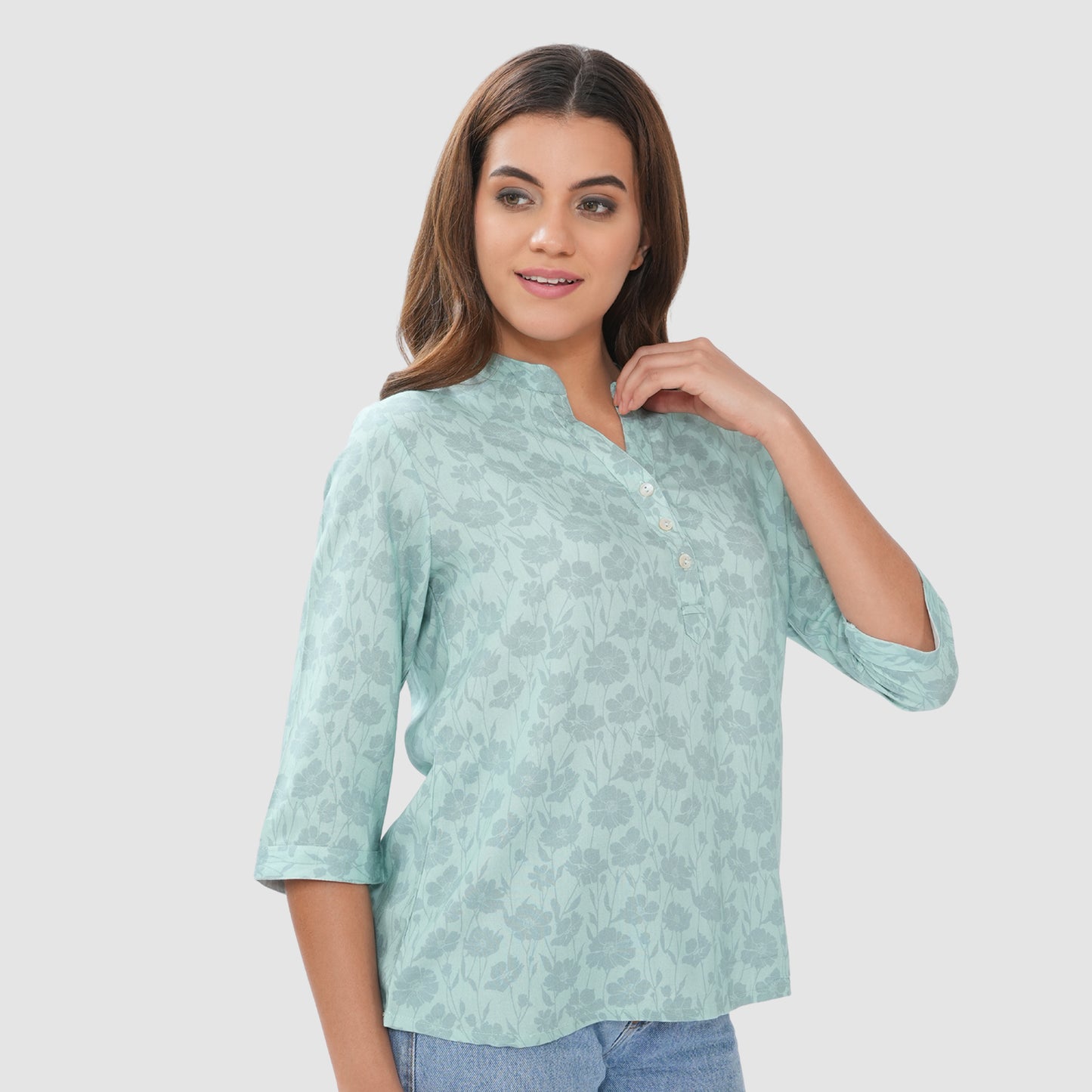 Women’s Printed Cotton Casual Top with 3/4 Sleeves & Button Placket