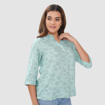 Women’s Printed Cotton Casual Top with 3/4 Sleeves & Button Placket