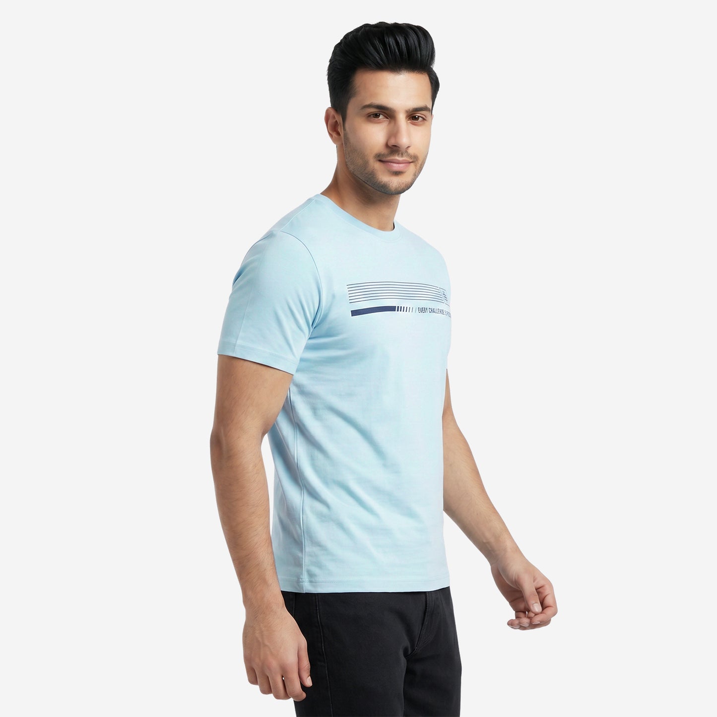 Men's Sky Blue Printed Round Neck Short Sleeve T-Shirt
