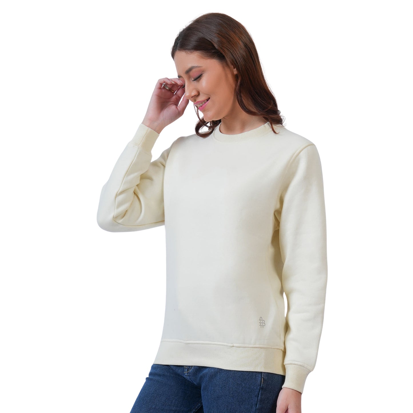 Women’s Solid Crew Neck Winter Sweatshirt (Cream)