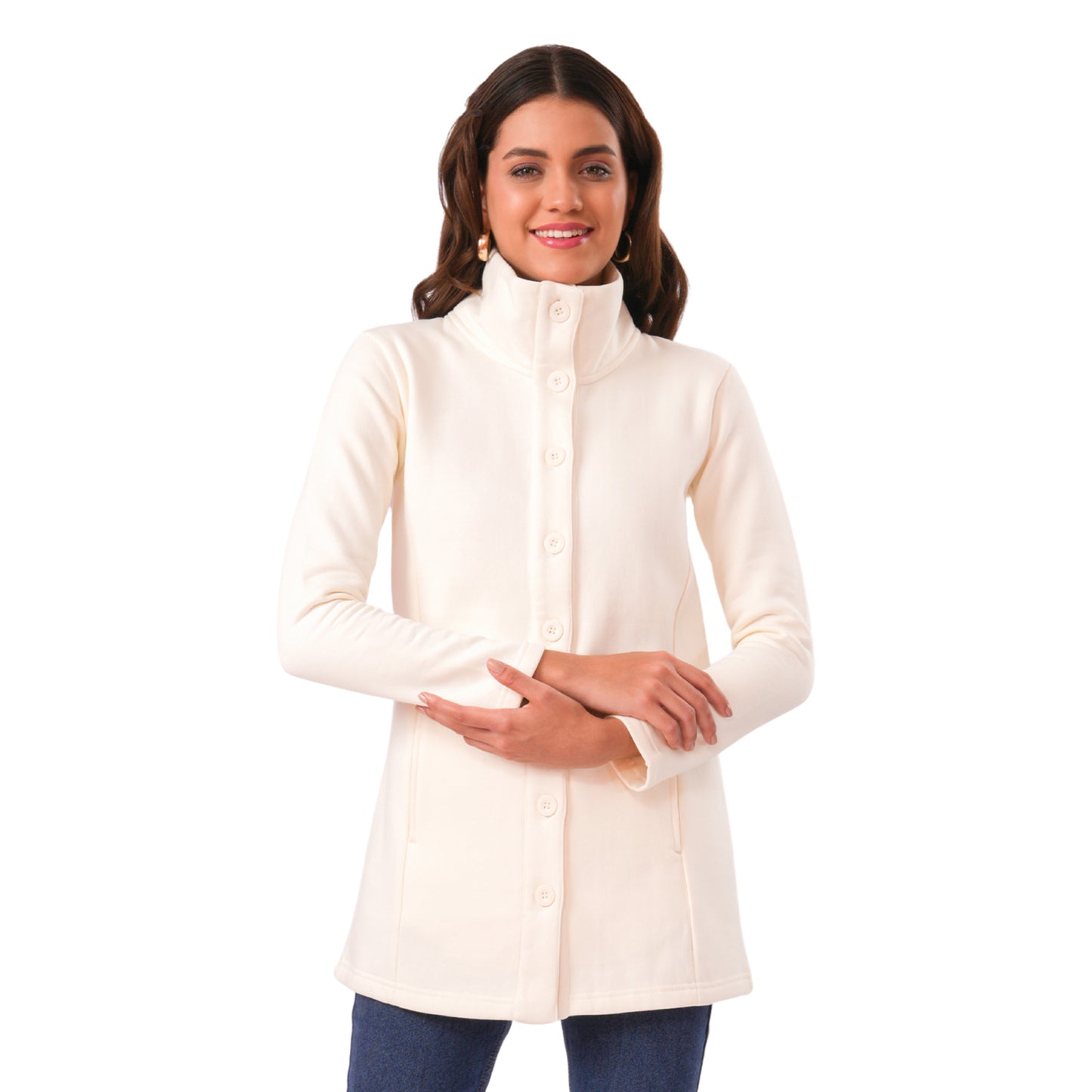 Women Winter High Neck Long Coat (Cream)