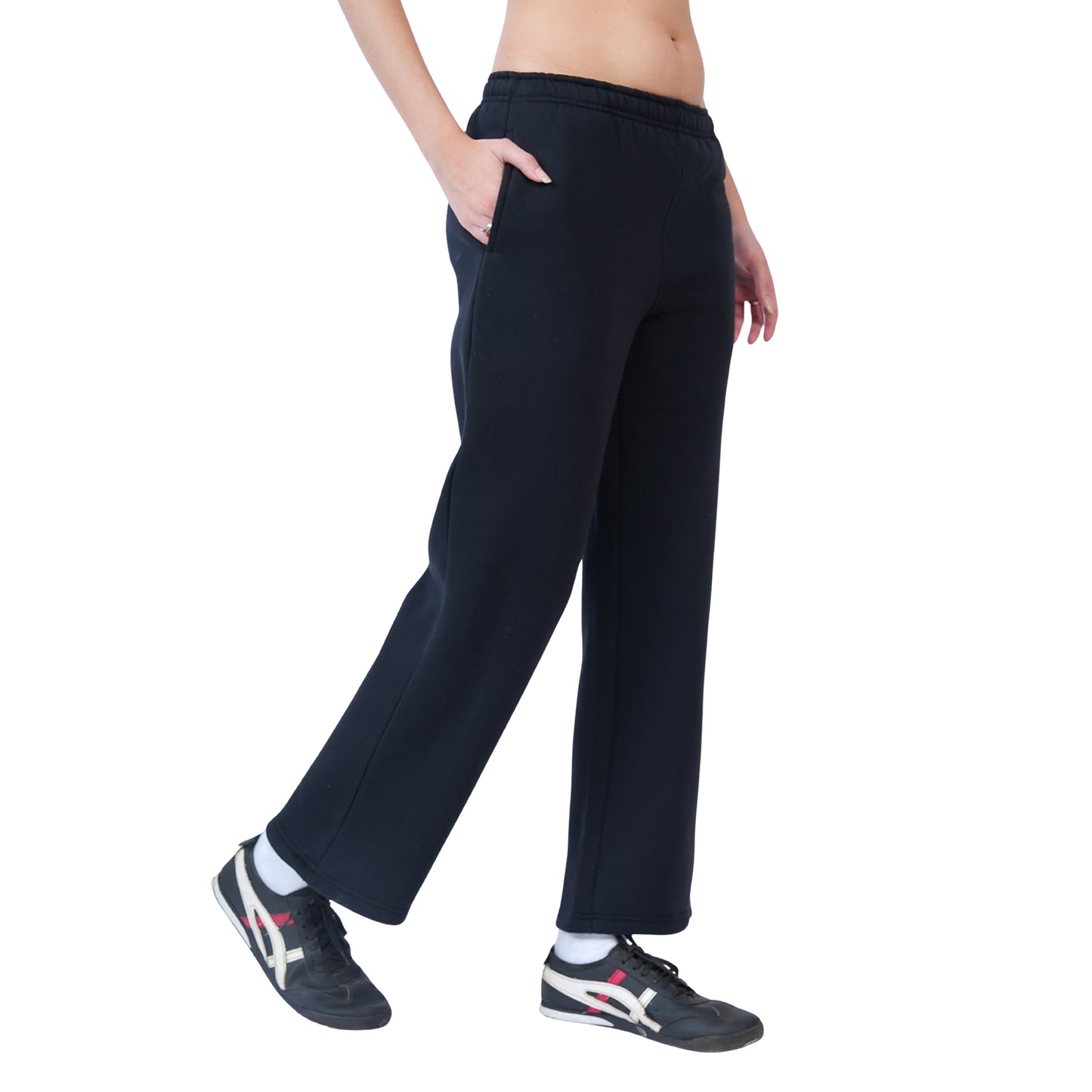 Women’s Solid Straight Fit Winter Track Pants (Black)