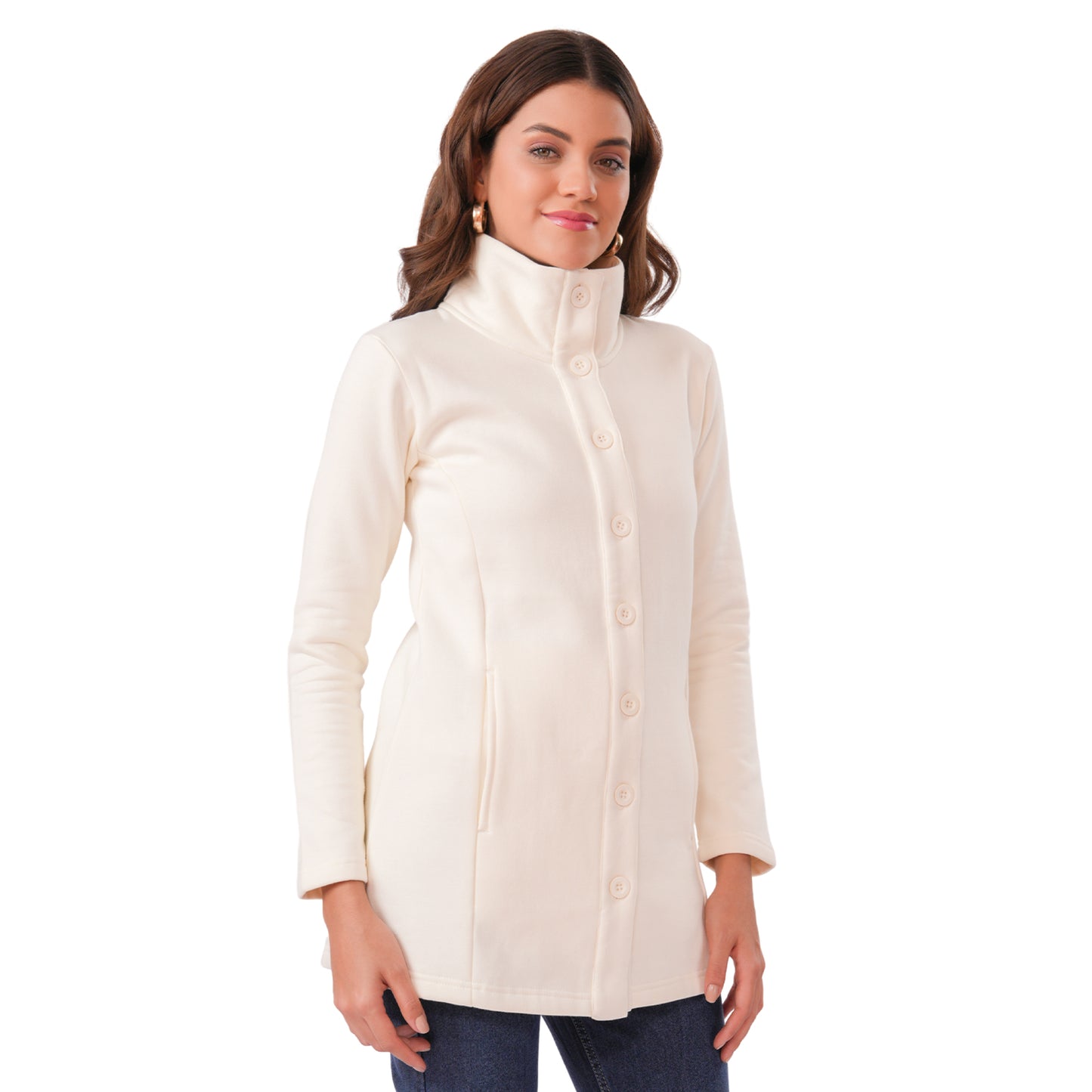 Women Winter High Neck Long Coat (Cream)