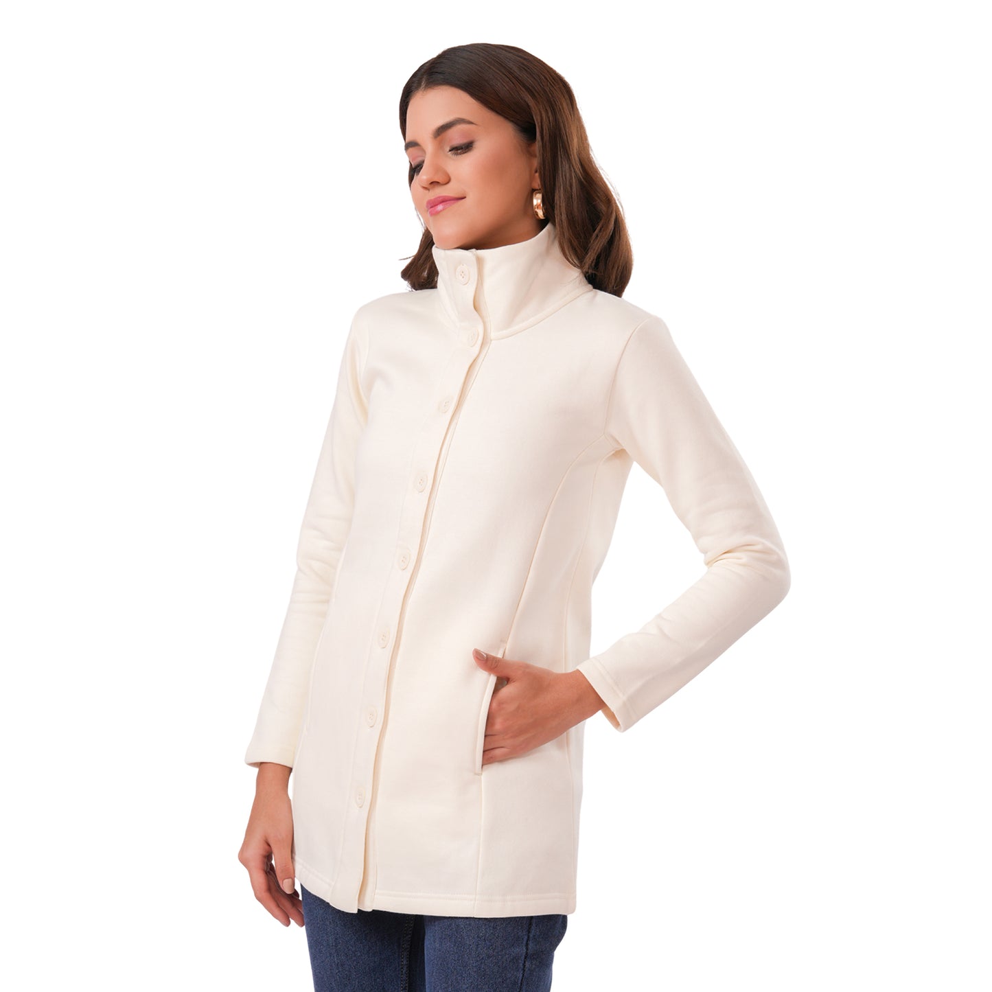 Women Winter High Neck Long Coat (Cream)